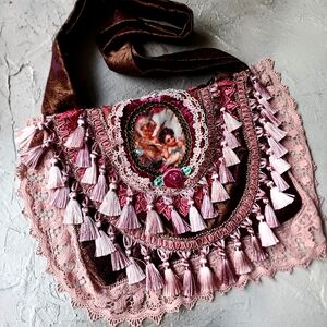 Boho Crossbody Shoulder Bag Angel Love Rose Tassel Silk Velvet Vintage